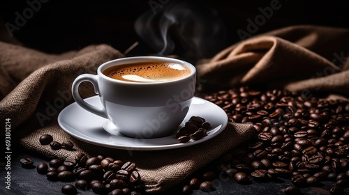 Black coffee with milk foam in white cup coffee beans background.