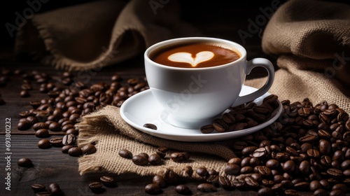 Black coffee with milk foam in white cup coffee beans background.
