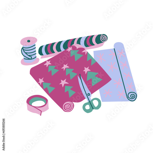 Christmas gift wrapping workplace. A colorful flat illustration of three decorative paper rolls, scissors, ribbon, and tape. Isolated on a white background