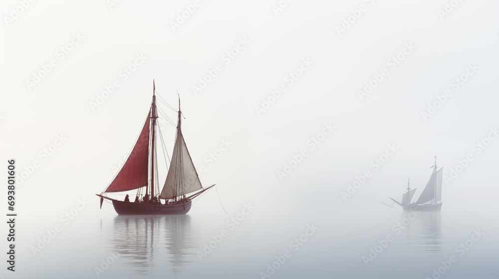 Sailing ships sailing in sea fog, hyper realistic peaceful landscape.