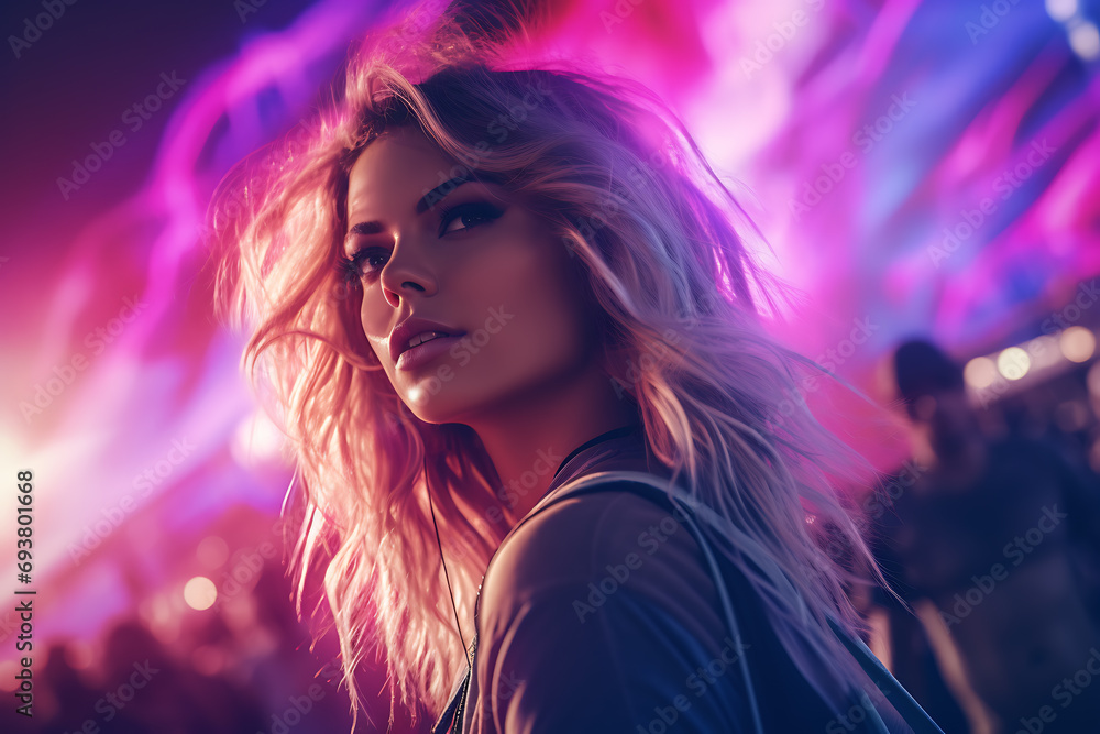 Naklejka premium A Close-Up Portrait of a Beautiful Woman, Bathed in the Pulsating Lights of a Music Festival Stage – Capturing the Fusion of Beauty and Vibrant Energy Radiant Rhythms