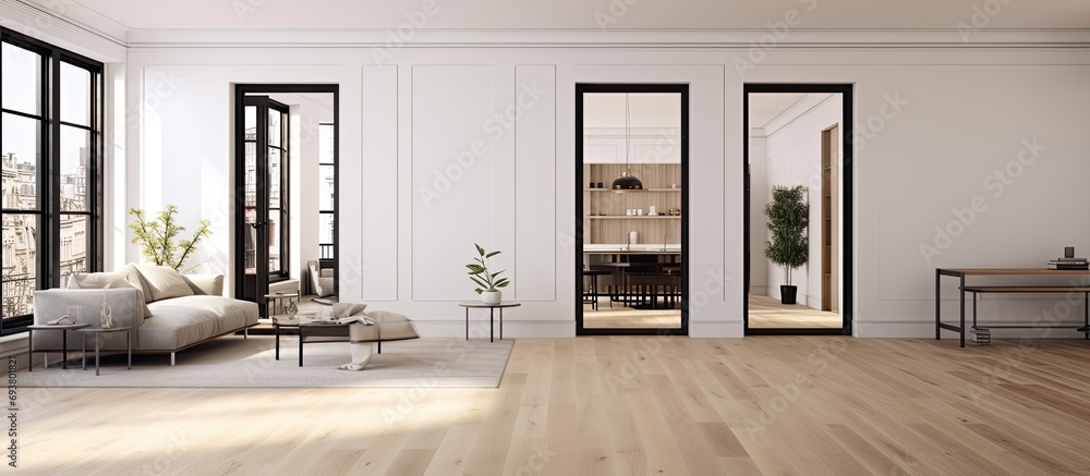 A modern apartment with light wood floors, white walls, black trim, and a hallway that connects the living room and bedroom. - obrazy, fototapety, plakaty 
