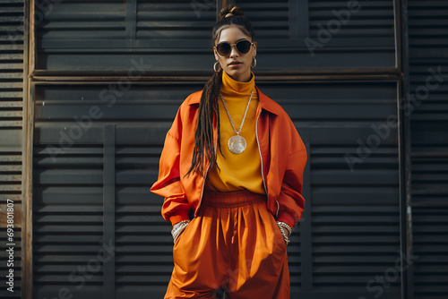 Female Model Dons a Stylish Outfit featuring a Baggy Tracksuit, Classic Sneakers, and a Gleaming Gold Chain – Embracing the Retro Fashion Vibes 90s Hip-Hop Chic
