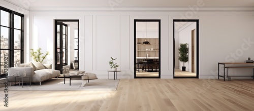 A modern apartment with light wood floors, white walls, black trim, and a hallway that connects the living room and bedroom.