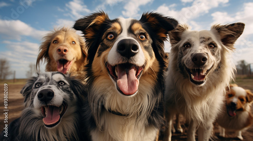 A group of dogs taking a selfie on a blurred background