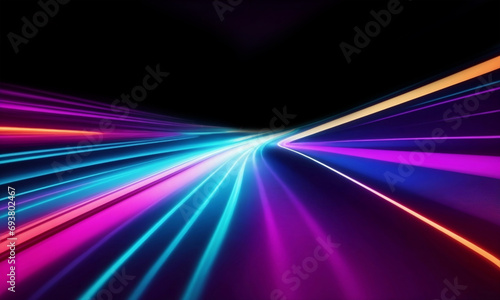 speed motion blur purple red blue yellow road and black background. generative ai