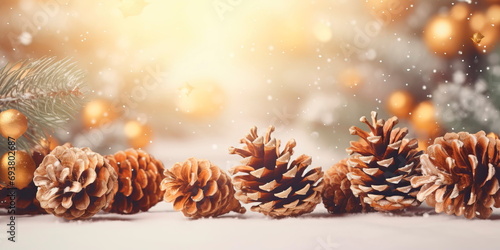 winter-themed background featuring golden pine cones, evergreen branches, and festive elements