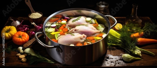 Preparing a chicken stock with vegetables in a pot in the kitchen, viewed from above.