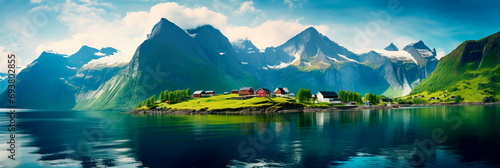 tranquility of rural with a fjord landscape, where calm waters reflect towering mountains and quaint villages.