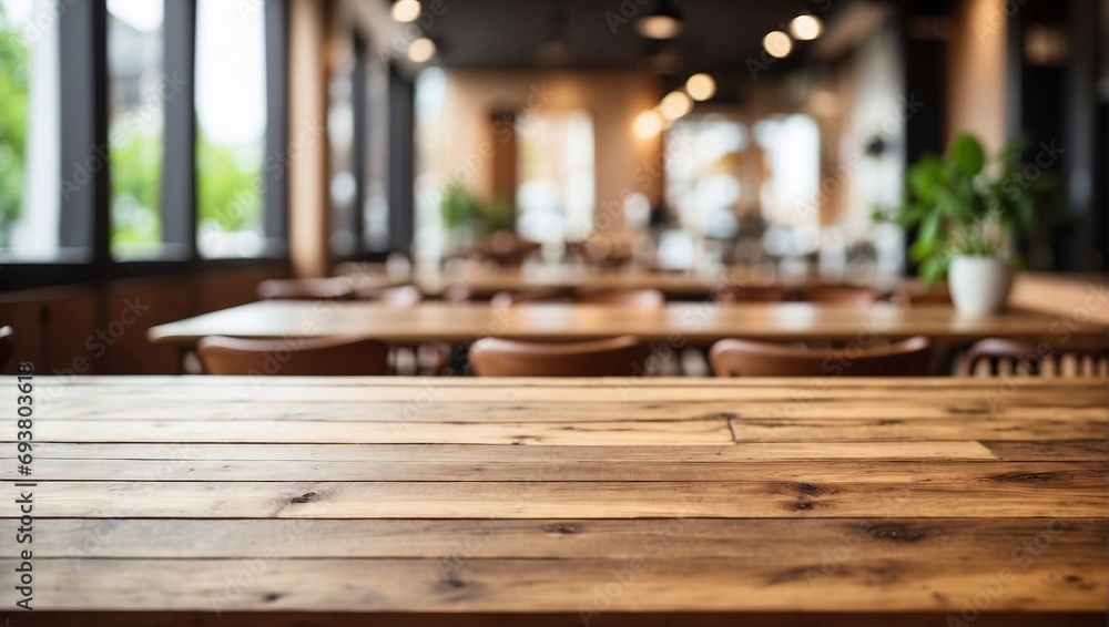 Blurred Restaurant Cafe Countertop on Empty Wooden Table Background, Wooden Table