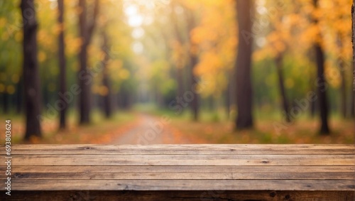Blurred Autumn Forest Countertop on Empty Wooden Table Background, Wooden Table