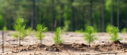 Pine saplings grow in sandy area of northern forest. photo