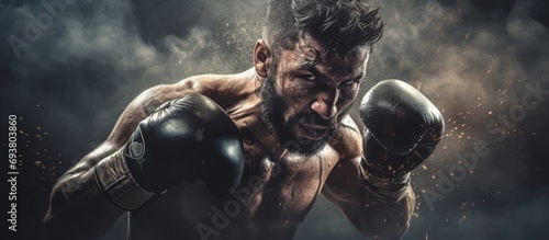 Punching fighter in smoky atmosphere.
