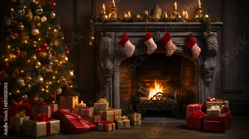 Christmas banner, Christmas fireplace, Christmas tree and gifts in red and gold colors