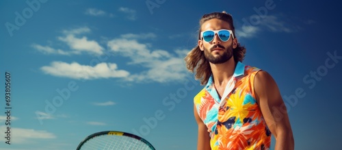 Beach tennis player holding racket on court.