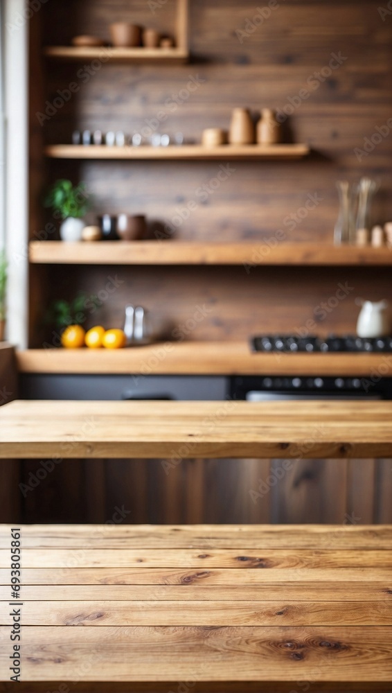 Blurred Kitchen Countertop on Empty Wooden Table Background, Wooden Table Blurred Kitchen Countertop on Empty Wooden Table Background, Wooden Table