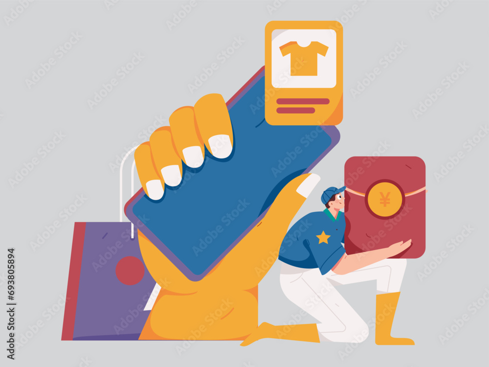 Obraz premium Holiday shopping people doing e-commerce online shopping flat vector concept operation hand drawn illustration