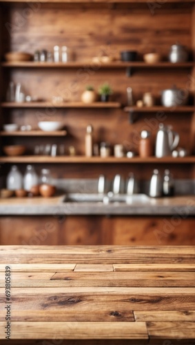 Blurred Kitchen Countertop on Empty Wooden Table Background, Wooden Table