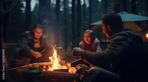 Family picnic in the woods with fire, Spring or autumn camping with campfire at night, camping, travel, tourism, hike and people concept, Quality family time together, generative ai