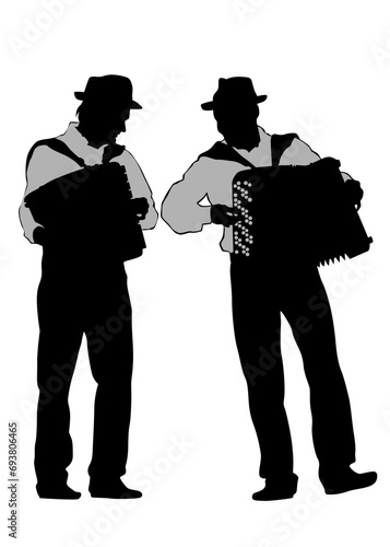 Old man with an accordion. Isolated silhouette on white background