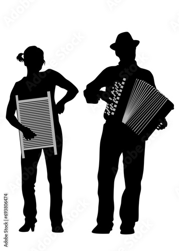 Old man with an accordion. Isolated silhouette on white background
