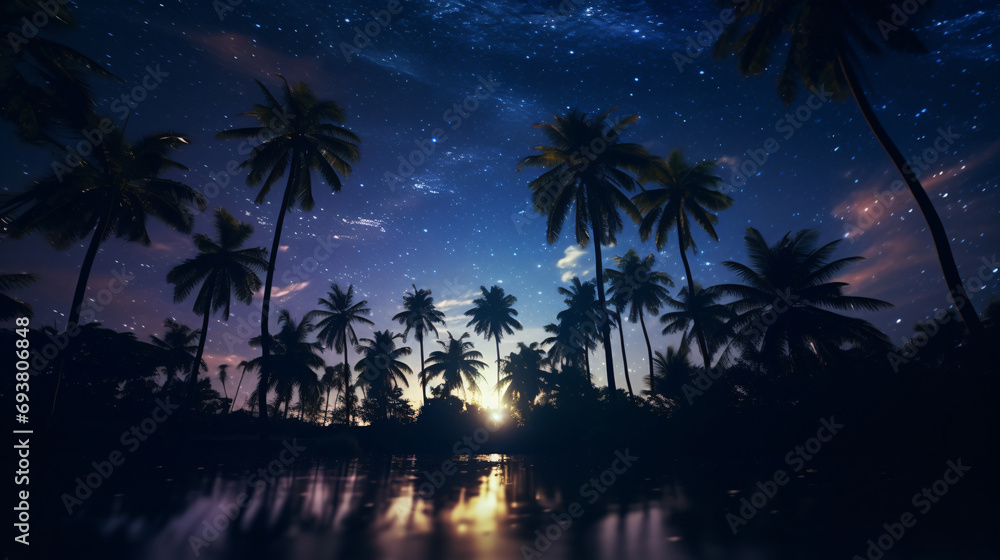 Oasis with palm tree silhouettes with starry sky background. Oasis with palm tree silhouettes with starry sky background.
