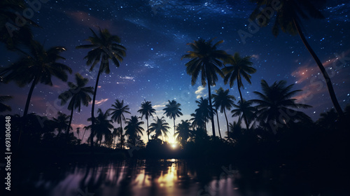 Oasis with palm tree silhouettes with starry sky background. © ikkilostd