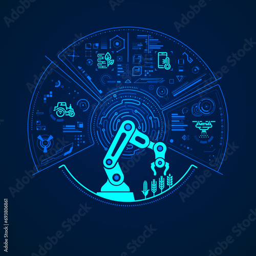 concept of smart farming or agriculture technology, graphic of robotic arm with green technology element interface