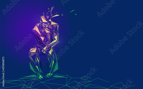 great thinker with broken head in wireframe polygonal style, brain thinking concept