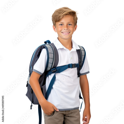 8 years child and portrait with backpack and education book with happiness. Learning, young student and kid study textbook for reading with a smile solated on a transparent, png background  © kimly