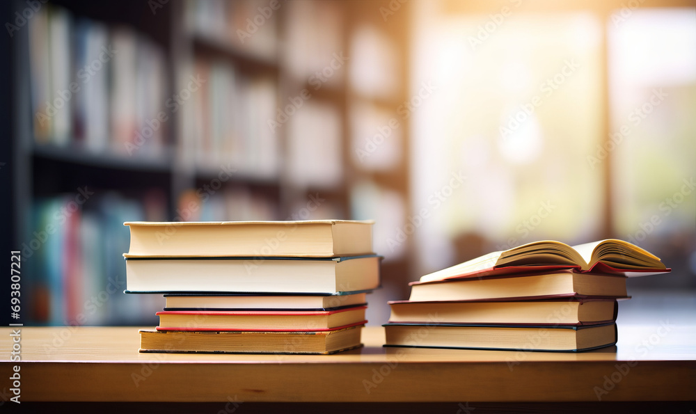 stack of books on wooden table , blurred background stack of books on wooden table , blurred background