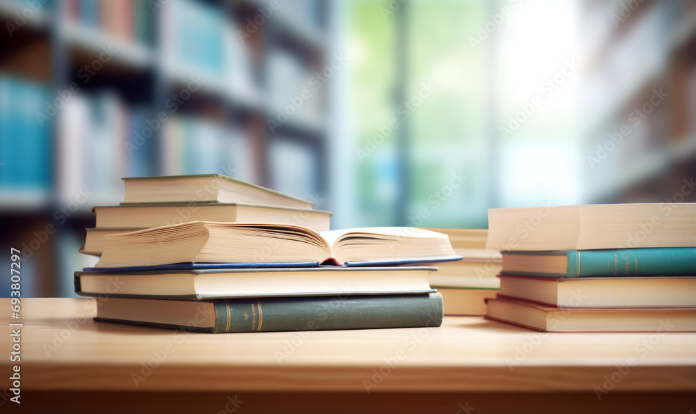 stack of books on wooden table , blurred background stack of books on wooden table , blurred background