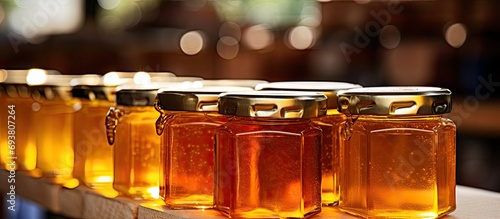 Newly harvested honey for sale at market stall. photo
