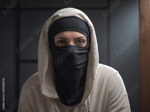 Сlose-up of a person with a balaclava, a dangerous terrorist or conspirator photo