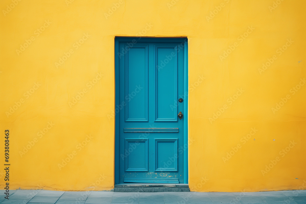 Blue door on a yellow wall background, abstract outdoor, copy space