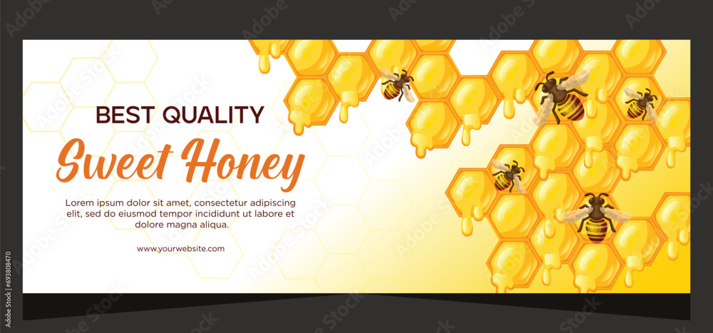 Naklejka premium Horizontal honey advertising banner design. Honey vector illustration