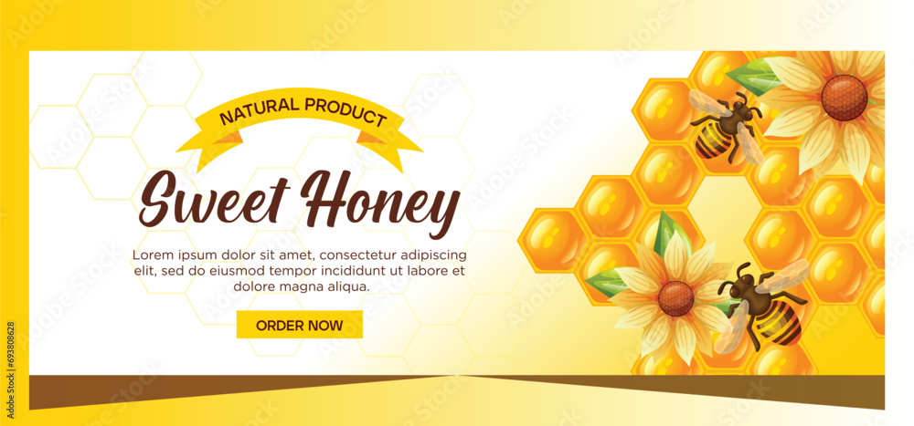 Naklejka premium Horizontal honey advertising banner design. Honey vector illustration