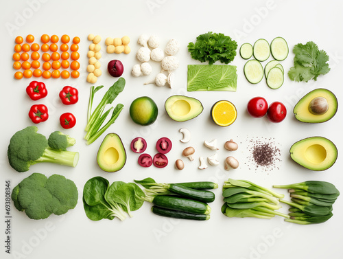 Healthy food ingredients flat lay with various fruits , vegetables on white background