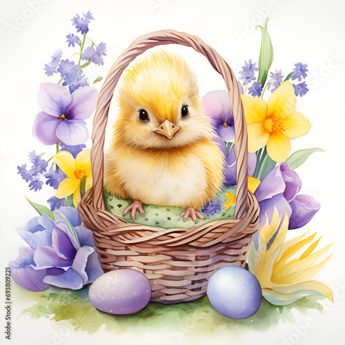 Easter card on which a cute Easter chick with a basket of Easter eggs and purple and yellow flowers on a white background © katerinka