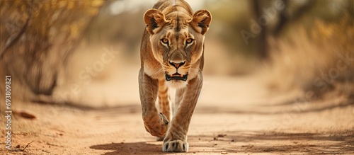 Lioness approaching camera on path photo