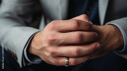 Close up of Divorced man taking off wedding ring photo