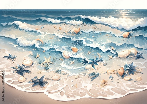 Beautiful raging seas with sea foam, waves. star fish, snail and ocean animals
