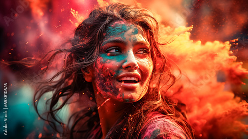 Vibrant Holi Celebration in India: Indian girl amidst a cloud of colored powder joyfully enjoying with crowds of people.