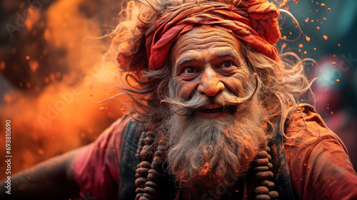 Elderly Indian Man Celebrating Holi Festival Amid Vibrant Burst of Colors  Traditional Buildings in Background