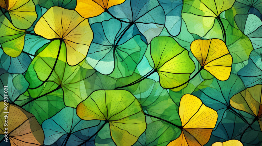 Stained glass window background with colorful Leaf and Flower abstract. - obrazy, fototapety, plakaty 