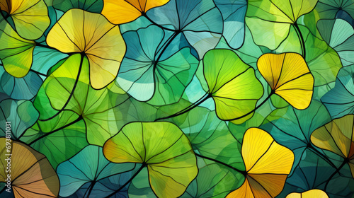Stained glass window background with colorful Leaf and Flower abstract. #693811031
