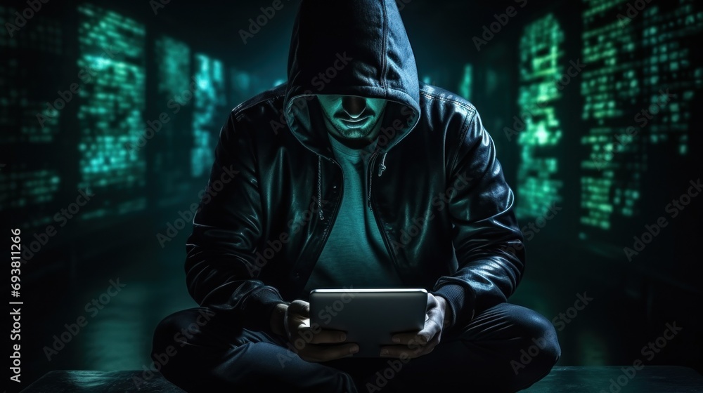Hacker with mobile phone and computer in a dark room Hacker with mobile phone and computer in a dark room