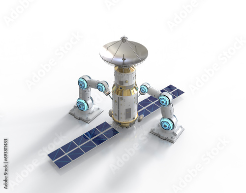 Telecommunication technology with robotic arm manufacturing satellite dish