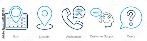 A set of 5 Contact icons as gps, location, assistance