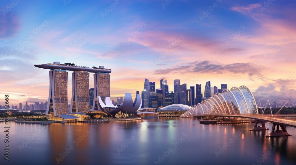 Fototapeta premium Singapore skyline at dawn showing the Marina Bay Sands
